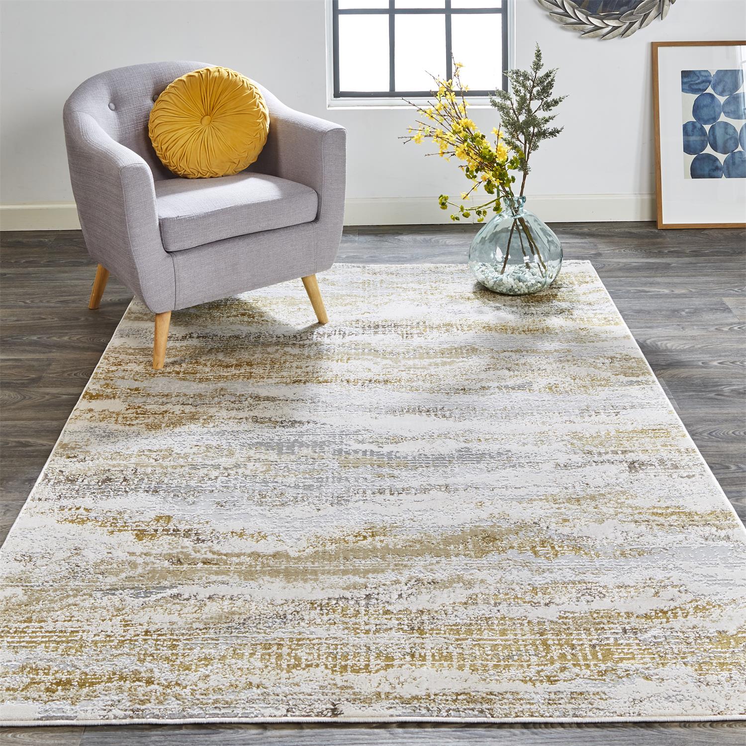 Feizy Aura 3735F Gold Marble Machine Woven Rug