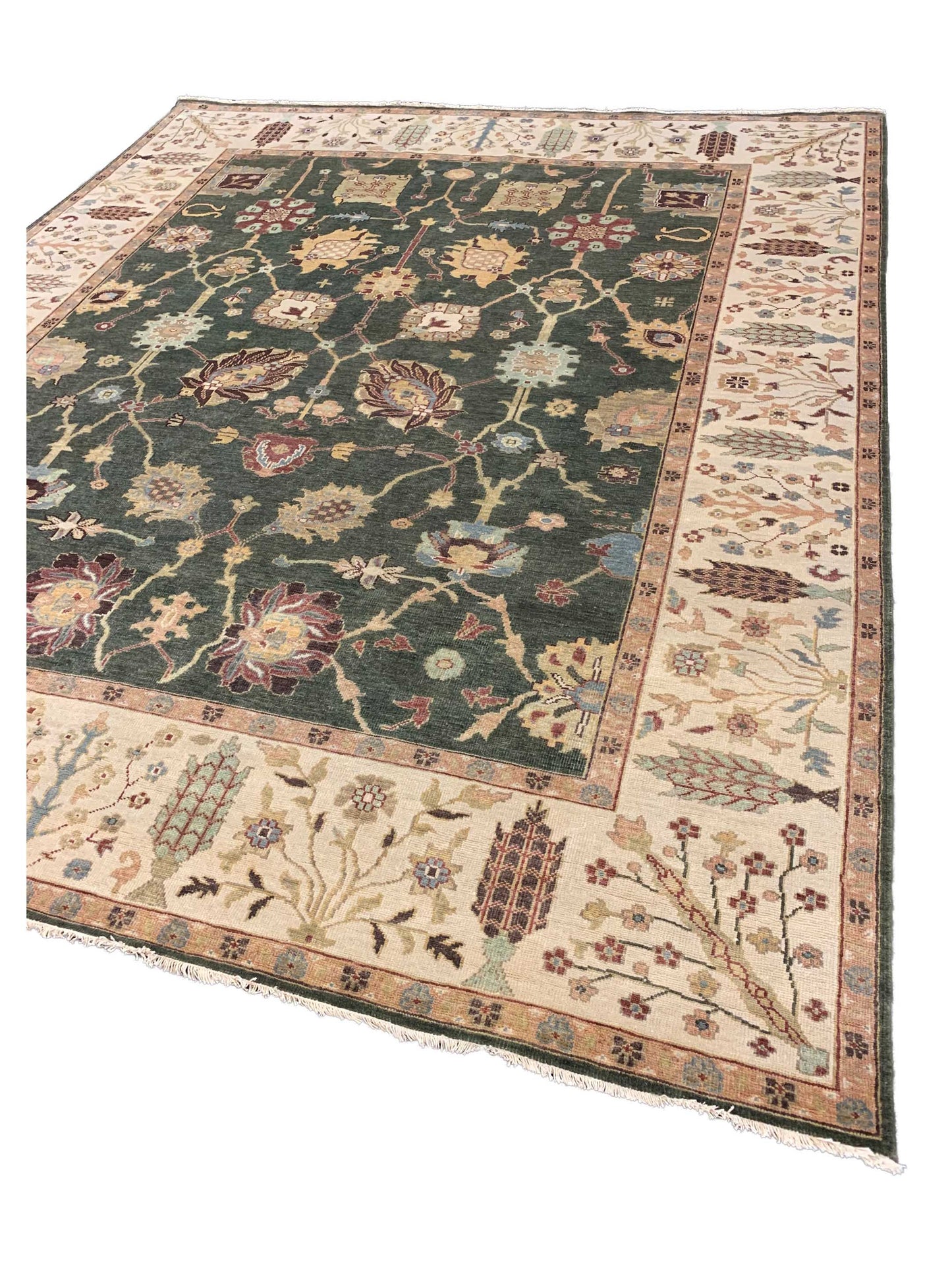 Artisan Cameron  Teal Green Ivory Traditional Knotted Rug