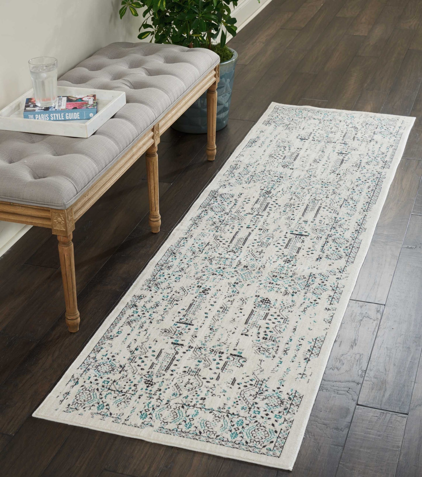 Nourison Home Silver Screen KI343 Ivory Teal  Transitional Machinemade Rug