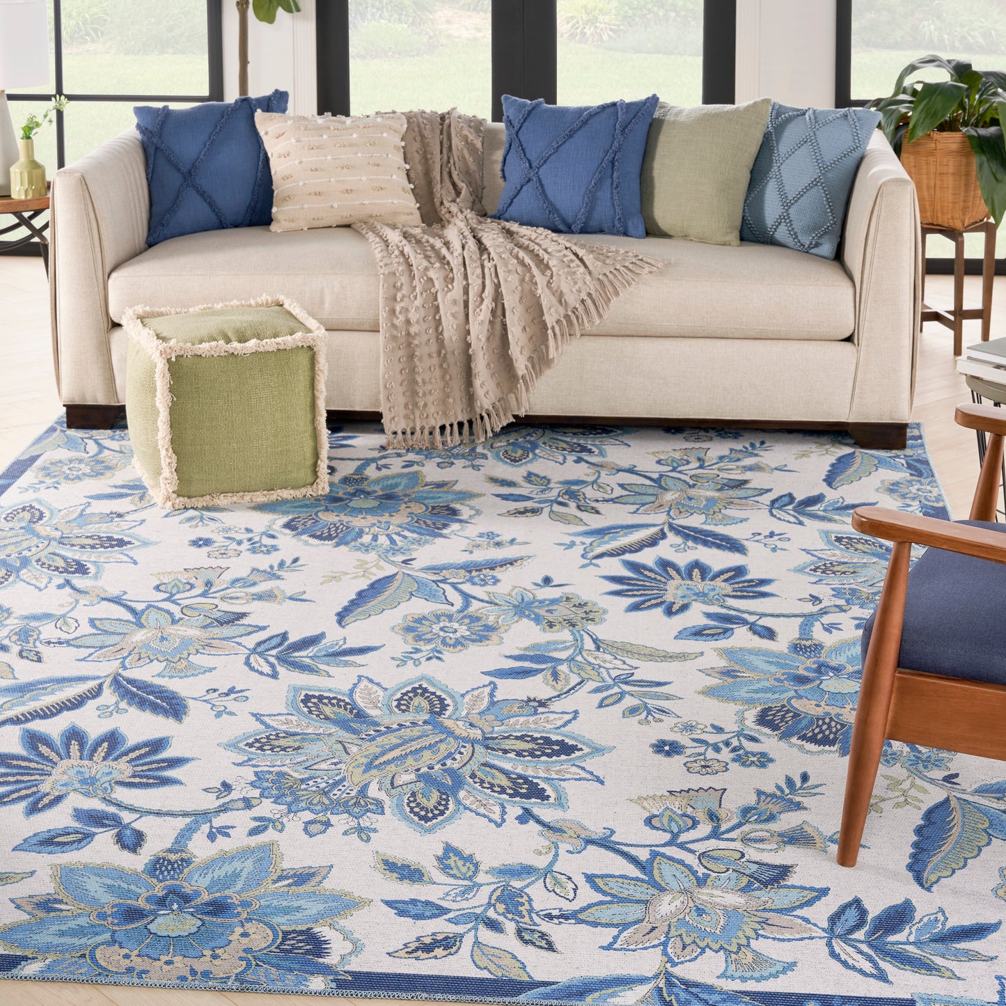 Waverly Washables Collection WAW01 Ivory Blue  Contemporary Machinemade Rug